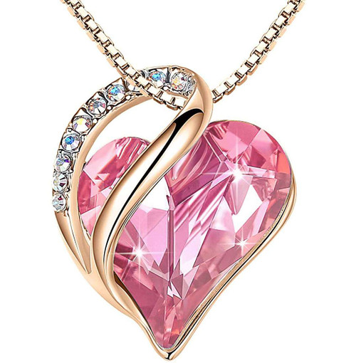 Bright Rose Quartz Heart Crystal - Pink Rose Gold Pendant with 18" Chain Necklace. October Birthstone Crystal - For Lover's, Girl Friend, Wife, Valentine's Day, Mother's Day, Anniversary Gift - Love Stone - Heart Necklace for Women.