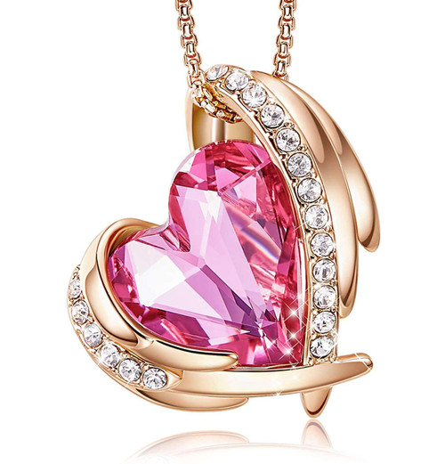 Bright Rose Quartz Heart Crystal with Angel Wings - Pink Rose Gold Pendant with 18" Chain Necklace. For Lover's, Girl Friend, Wife, Valentine's Day, Mother's Day, Anniversary Gift - Love Stone - Heart Necklace for Women.