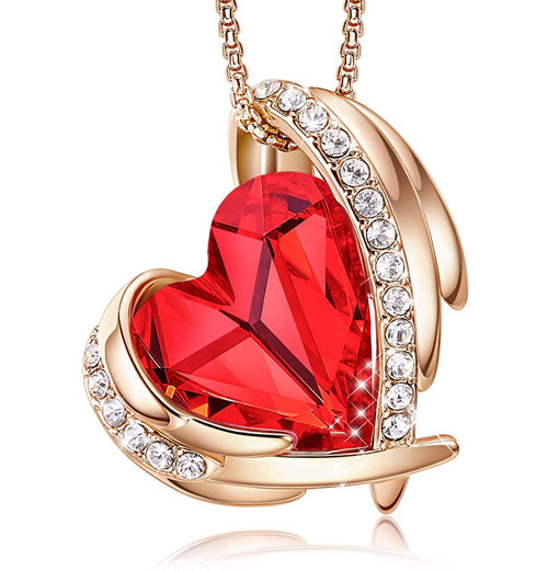 Red Crystal Heart with Angel Wings Rose Gold Pendant with 18" Chain Necklace. For Lover's, Girl Friend, Wife, Valentine's Day, Mother's Day, Anniversary Gift - Heart Necklace for Women.