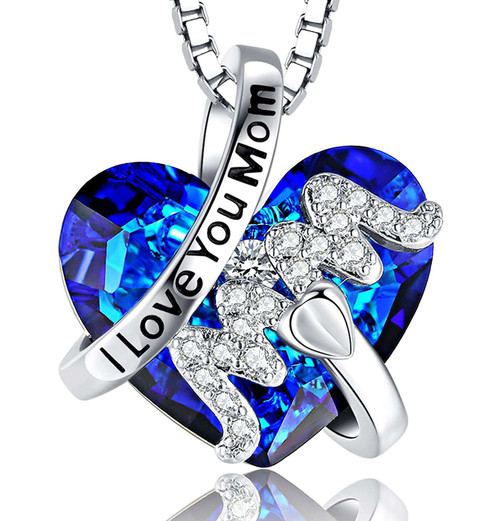 I Love You Mom - Dark Blue Sapphire Stone Crystal Pendant with 18" Silver Tone Chain Necklace. Gem Stone Mother's Day Gift Necklace Jewelry