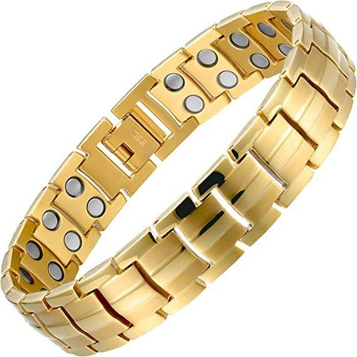 8.5" Inch - Yellow Gold Plated Magnetic Bracelet Mens - Stainless Steel Mens Gold Magnetic Bracelet with Strong Magnets 3500 Gauss