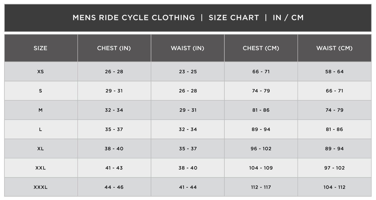 Cycling Shorts Size Chart