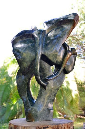 Shona Sculpture from Zimbabwe -'Elephant & Calf 'in Green Opal Stone by Thomas Isaac