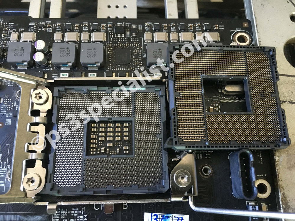 A very valuable iMac dual processor motherboard has been saved from going to the trash by a successful replacement process of the damaged CPU socket, the picture show the damaged and the new CPU sockets after the replacement process saving to its owner close to a one thousand dollars.
