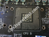 The CPU socket area of the motherboard has been cleaned from all the old solder ready for installing a new CPU socket.
