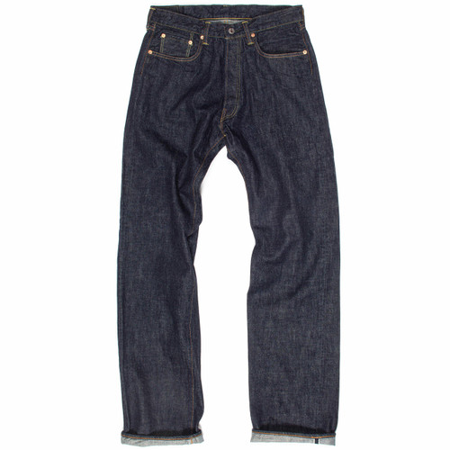 TCB 50s jeans for men (Two Cats Brand) front view of One Wash straight-leg selvedge jeans made in Japan from TCB's exclusive 13.5-ounce denim and premium Zimbabwe cotton. Echoing the timeless 1950s design.