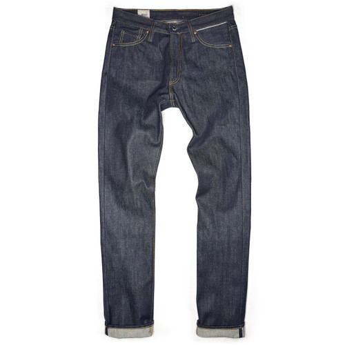 Front view of Benzak W-01 Straight women’s selvedge denim jeans in raw 15 oz. Candiani denim, showcasing slim straight fit and classic vintage indigo shade.