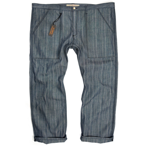 Big men’s patch pocket jeans, made in the USA, in size 48 made from 11 oz. prewashed herringbone denim, shown flat with visible selvedge cuff and angled front pockets.