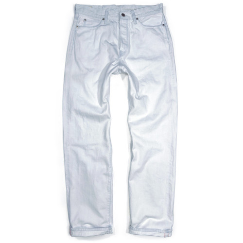 Front view of Momotaro High Blue Fade selvedge jeans in the #100 Straight fit. These Made in Japan jeans feature an almost white pale blue wash created through a specialized bleaching process applied to indigo selvedge denim. Available at Williamsburg Garment Company.