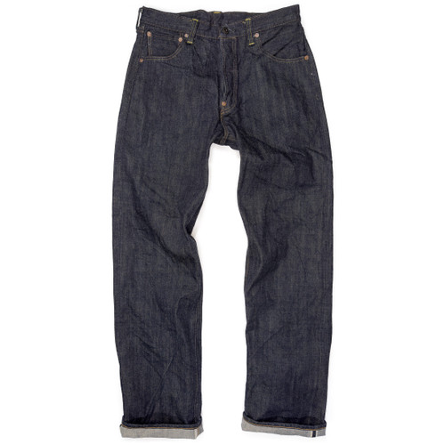 Front flat-lay view of the Burgus Plus 928-XX-02 one-wash selvedge jeans in natural indigo, showing the straight leg silhouette, copper rivets, and turned-up chain stitched hems, revealing the selvedge line.