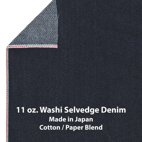 A swatch sample of red line Washi selvedge denim fabric made in Japan (Japanese paper denim), sold by the yard.