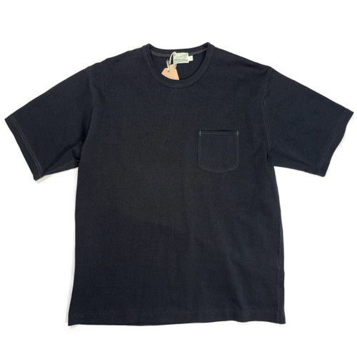 Burgus Plus made in Japan, organic cotton pocket t-shirt in black, front flat lay view, showing chest pocket and neckline.
