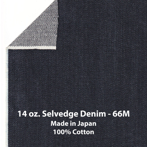 Sold by the yard, Collect Mills Japanese selvedge denim in 14 oz. 100% cotton.