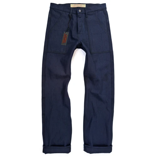 Front view of the Williamsburg Garment Company Stagg Street loose straight patch pocket work pants made from USA-made Vidalia Mills navy and black canvas.