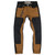 Front view of Hope Street slim tapered double knee jeans made from 12.5 oz American raw denim and brown duck canvas panels.