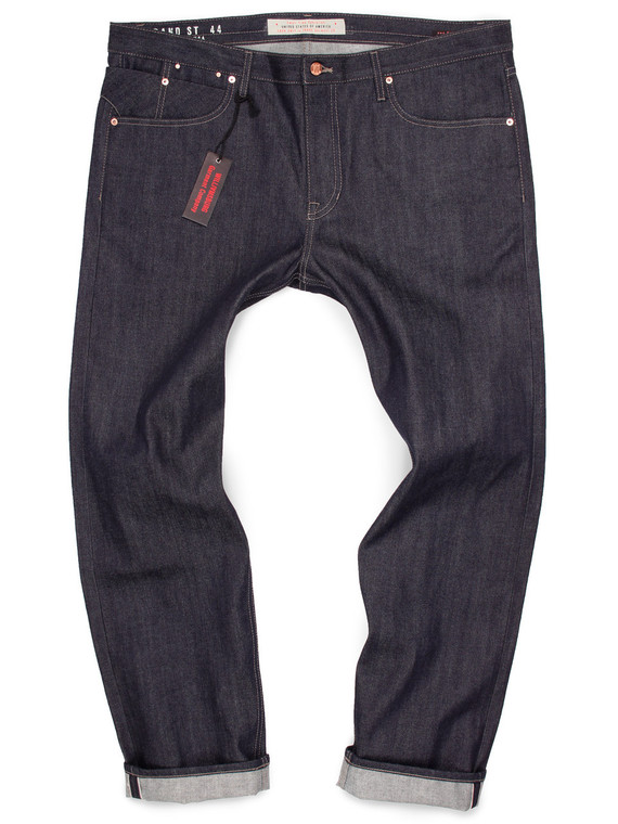 Custom made-to-order jeans for big men shown in raw 12.75-oz. Japanese selvedge with red-line self-edge.