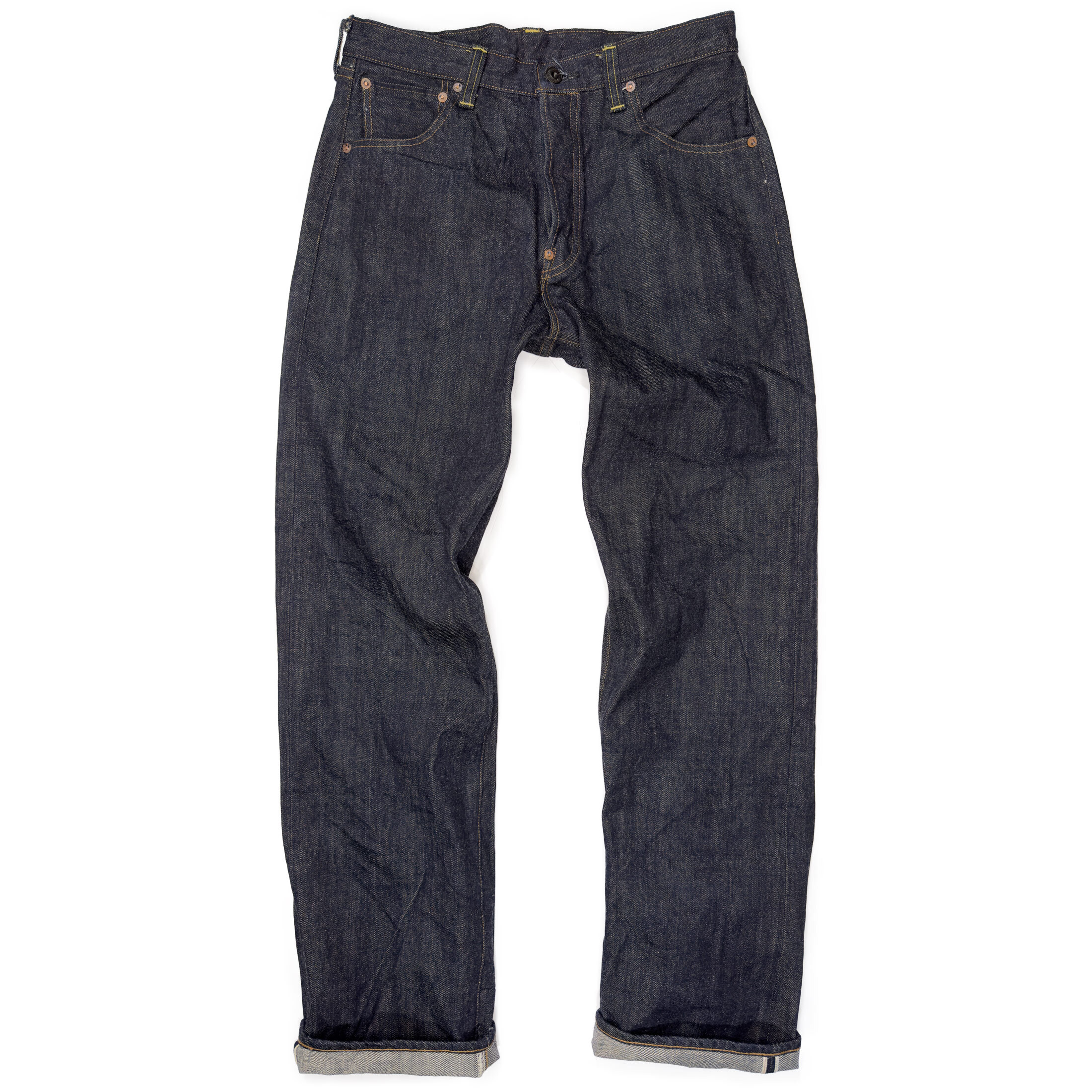 Front flat-lay view of the Burgus Plus 928-XX-02 one-wash selvedge jeans in natural indigo, showing the straight leg silhouette, copper rivets, and turned-up chain stitched hems, revealing the selvedge line.