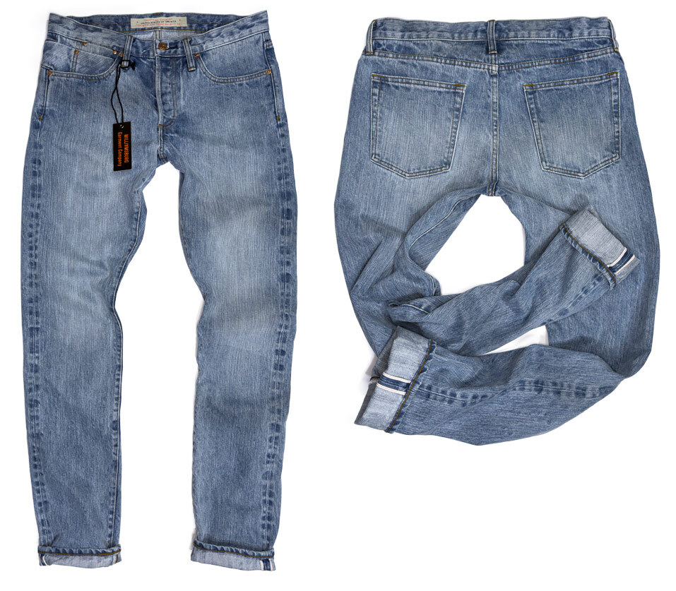 Front and rear views of custom-made Williamsburg Garment Company blue jeans in light blue stonewashed 15oz. selvedge denim, tailored with a long inseam for tall men.