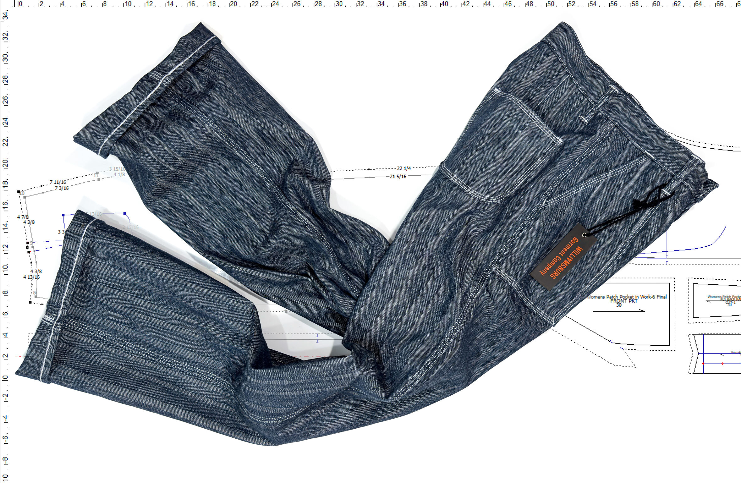 Jeans manufacturing and pattern making example: women's herringbone denim jeans made in Brooklyn, New York, by Williamsburg Garment Company, layered over the TUKAcad digital pattern screen used to develop the garment.