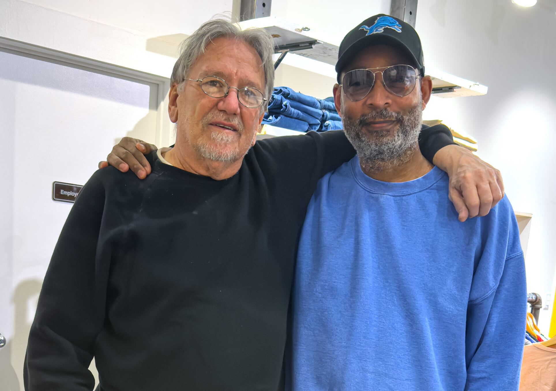 Frank Pizzurro owner of Brooklyn Denim Co with designer Maurice Malone of Williamsburg Garment Company on the closing day of Brooklyn Denim Company.