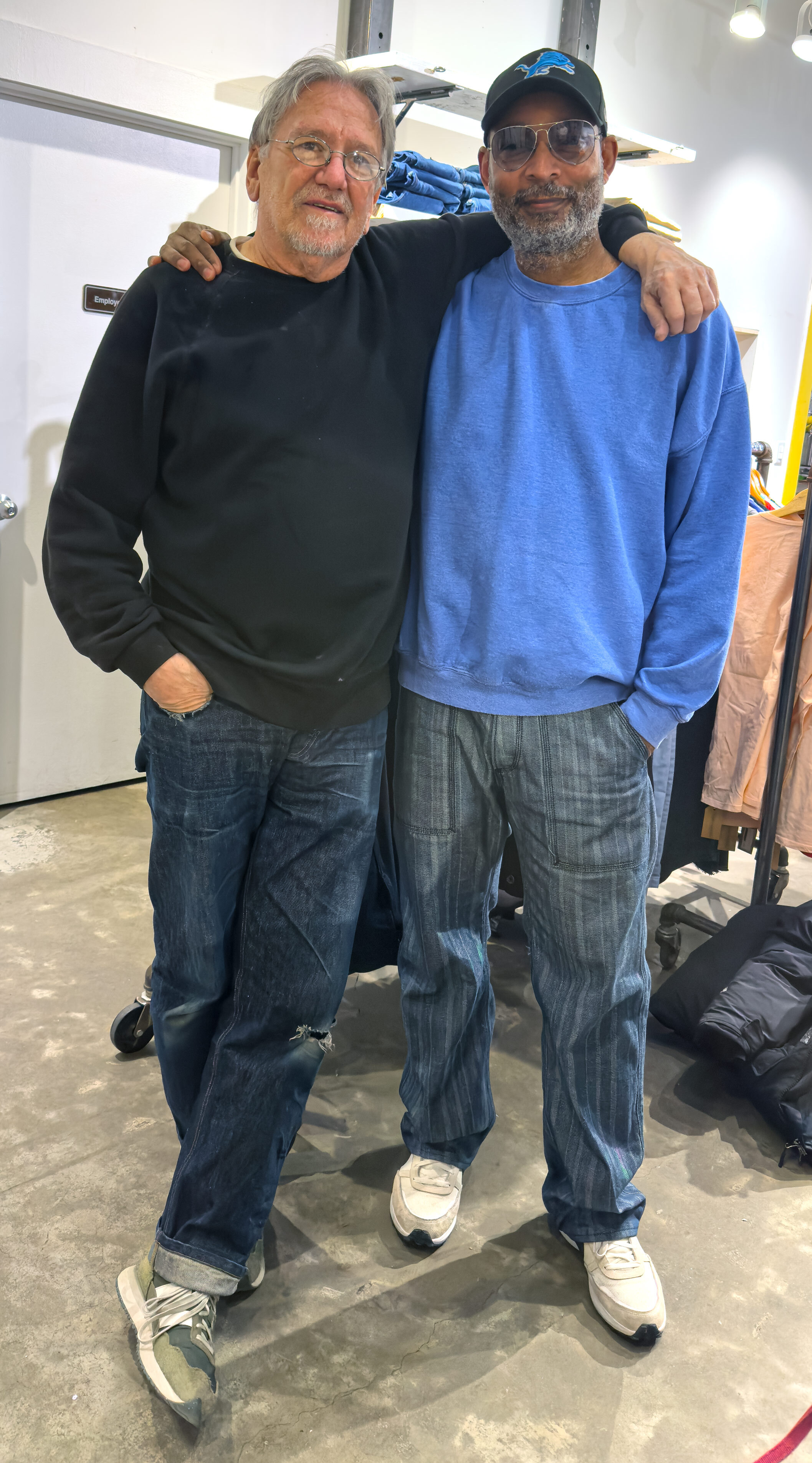 Frank Pizzurro owner of Brooklyn Denim Co with designer Maurice Malone of Williamsburg Garment Company on the closing day of Brooklyn Denim Company.