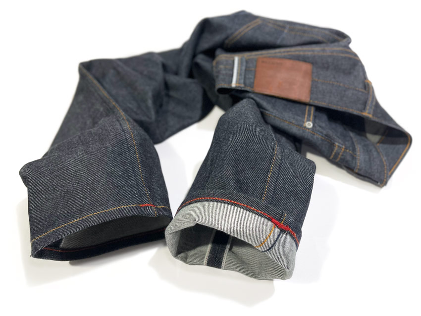 Selvedge Gustin jeans with professional chain stitch hemming service and bar tacking by Williamsburg Garment Company