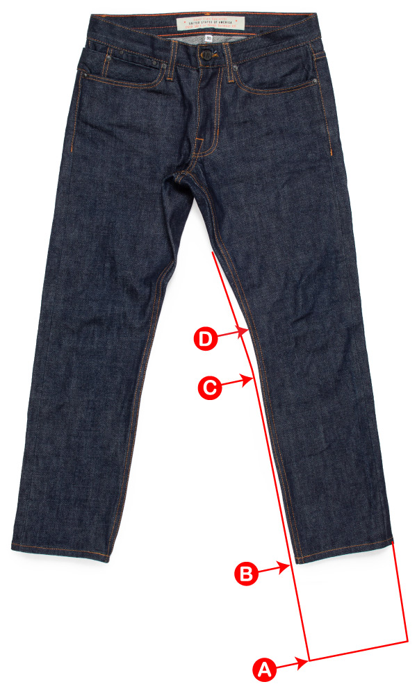 Graphic shows hemming jeans size 30x34 to 30x28 with added tapering