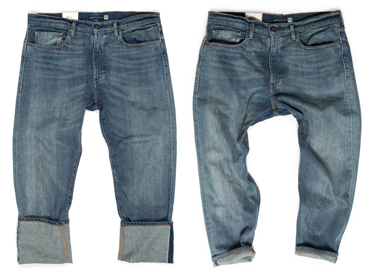 Italian-made Levi's Made and Crafted jeans before and after professional tapering by the Williamsburg Garment Company denim tailoring shop, showing a slimmer, custom fit for shorter frames.