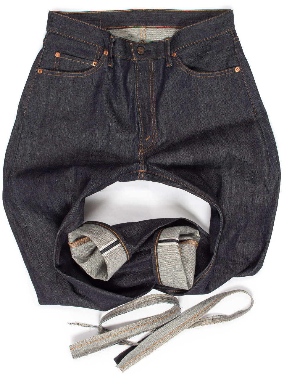 Single-needle top stitched inseam Levi's selvedge jeans tapered from the inseam