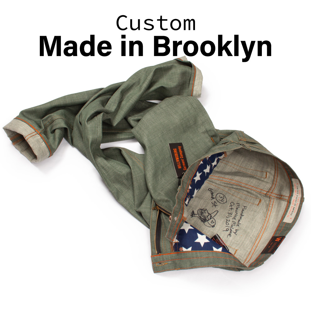 Olive Green custom made in Brooklyn raw denim jeans.