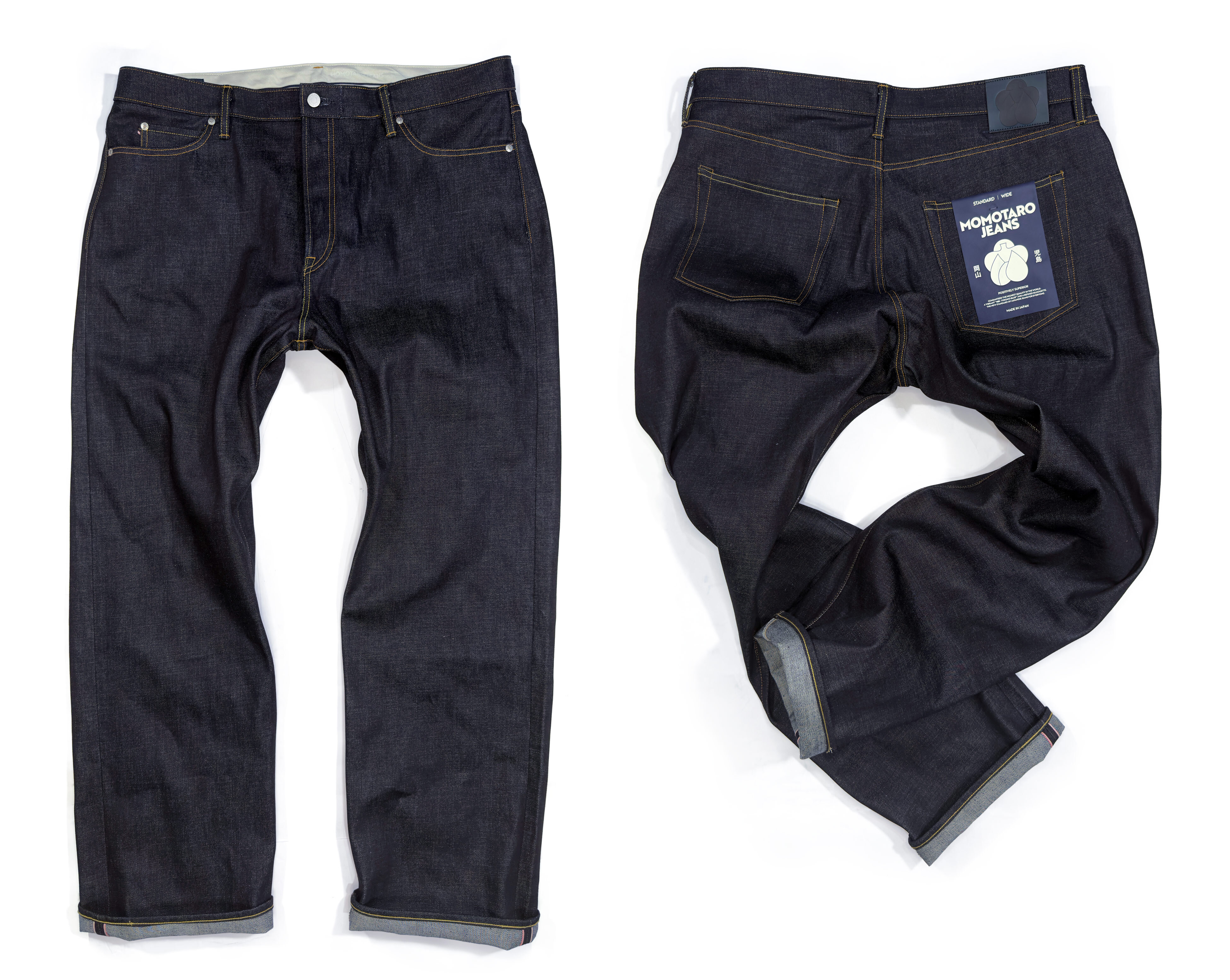 Front and rear views of big men’s Momotaro #400 Standard Wide fit selvedge jeans shown for sizing and fit guide reference.