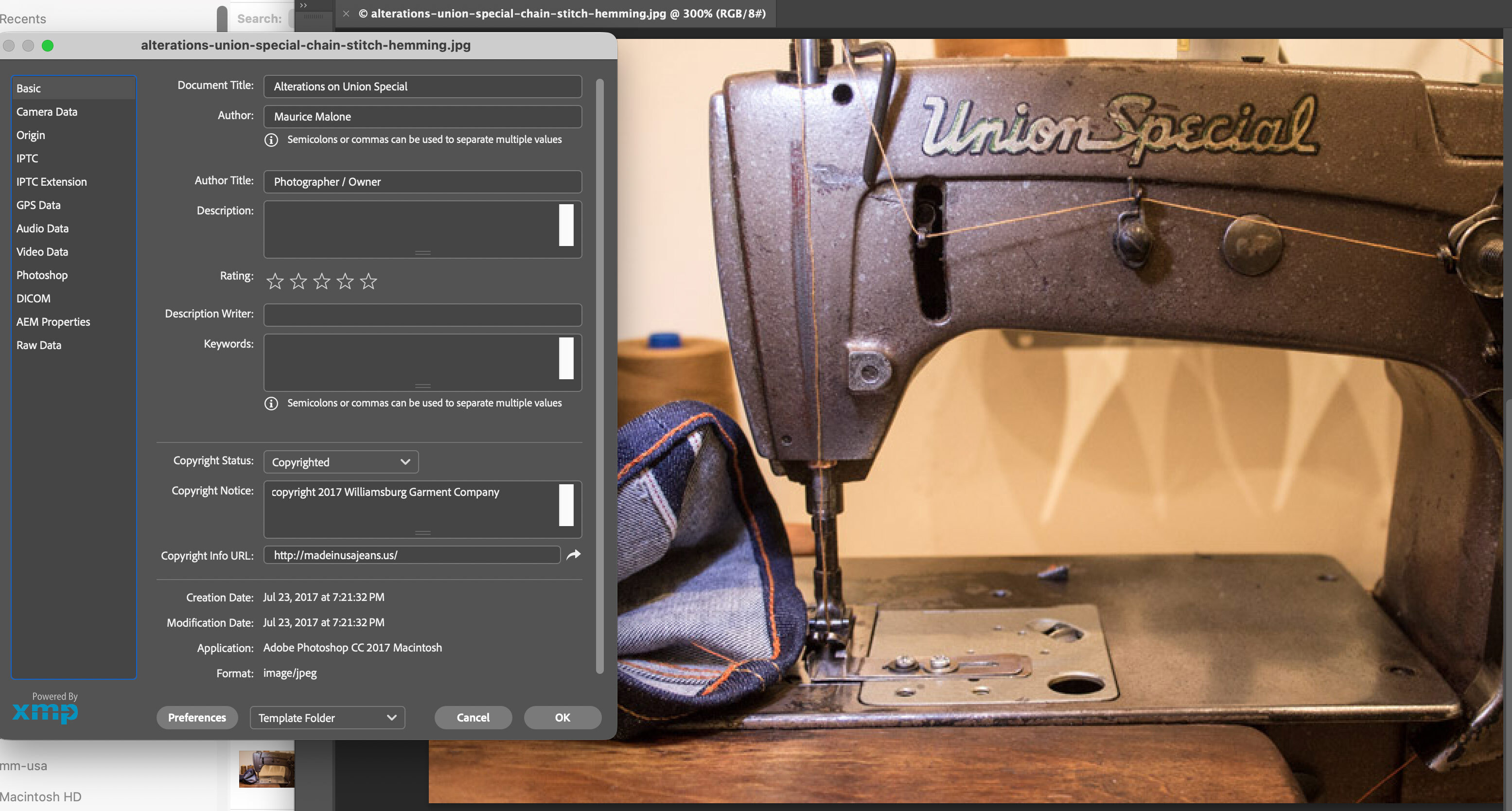 Union Special chain-stitch hemming machine photographed at Williamsburg Garment Company, later used on the Gustin jeans website.