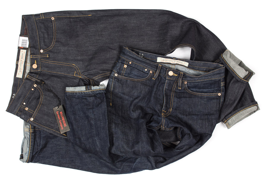 Williamsburg Garment Company's new raw denim jeans compared to broken-in worn jeans