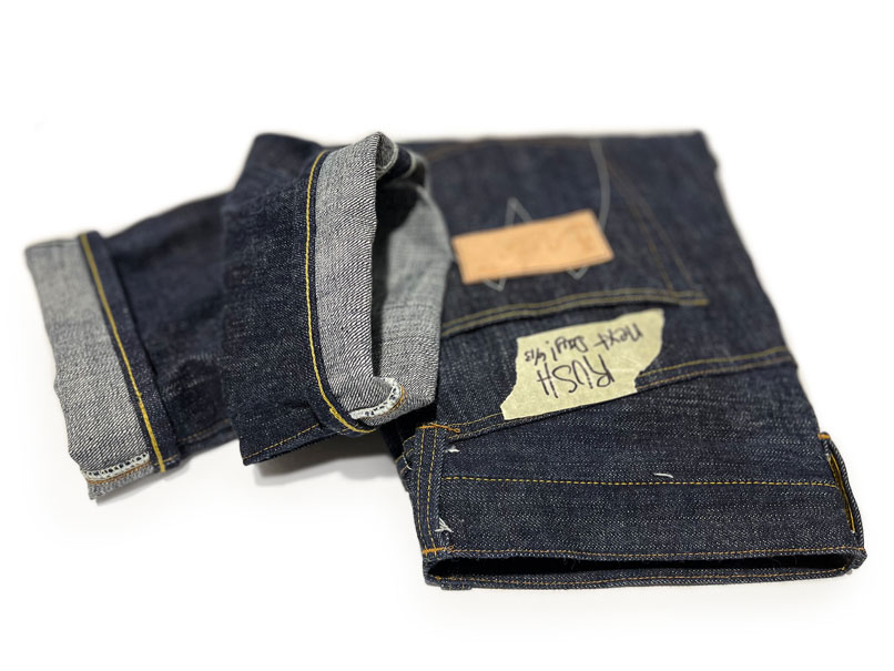 Mister Freedom selvedge raw denim jeans tagged with Rush Alterations service