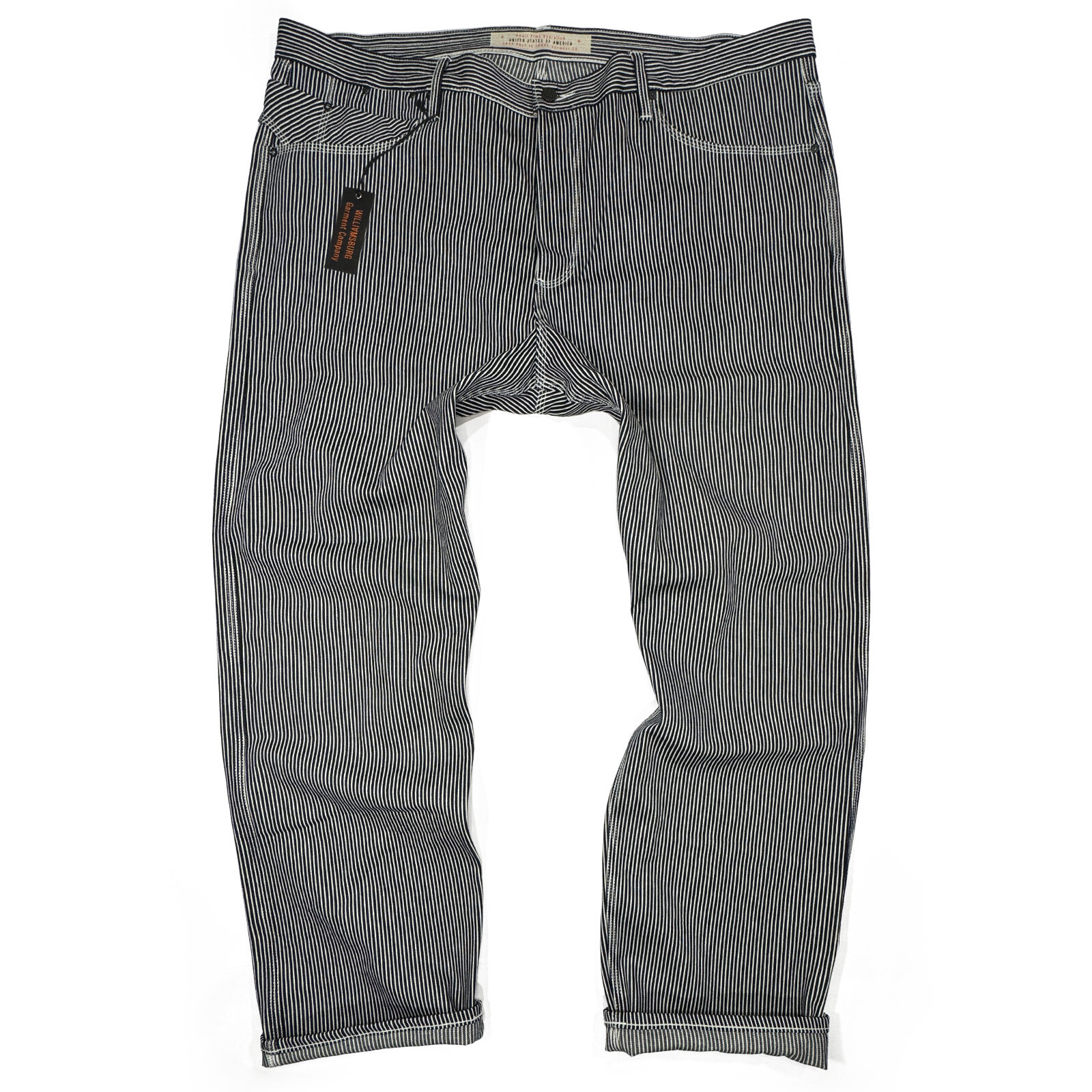 Williamsburg Garment Company's straight-leg fit guide image for size 44 jeans features navy and white stripe jeans for big men.