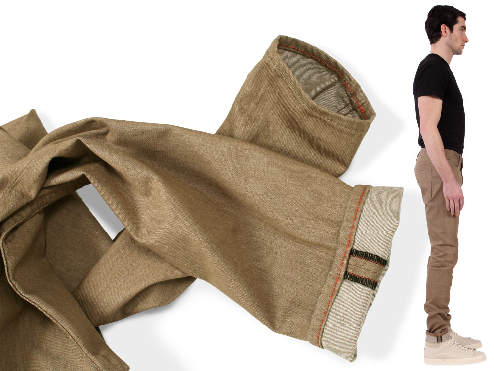 Tan rinse washed denim skinny fit jeans for men. made in 2013 by Williamsburg Garment Company.
