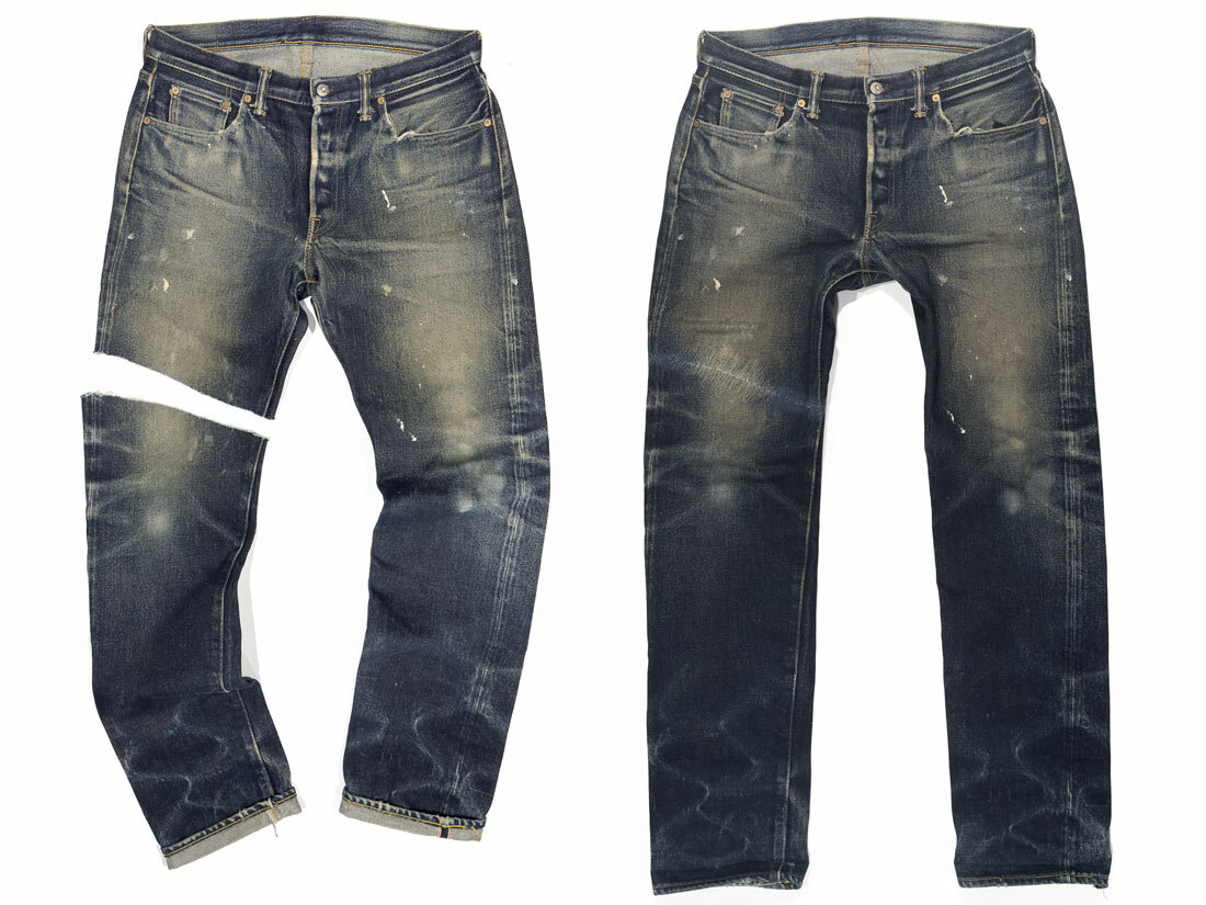 A before-and-after comparison of a pair of Samurai jeans, with the left side showing the jeans with a large tear across the knee area and the right side displaying the same jeans neatly repaired. Williamsburg Garment Company, a nationwide online alterations specialist based in Brooklyn, New York, performed the denim repair service.
