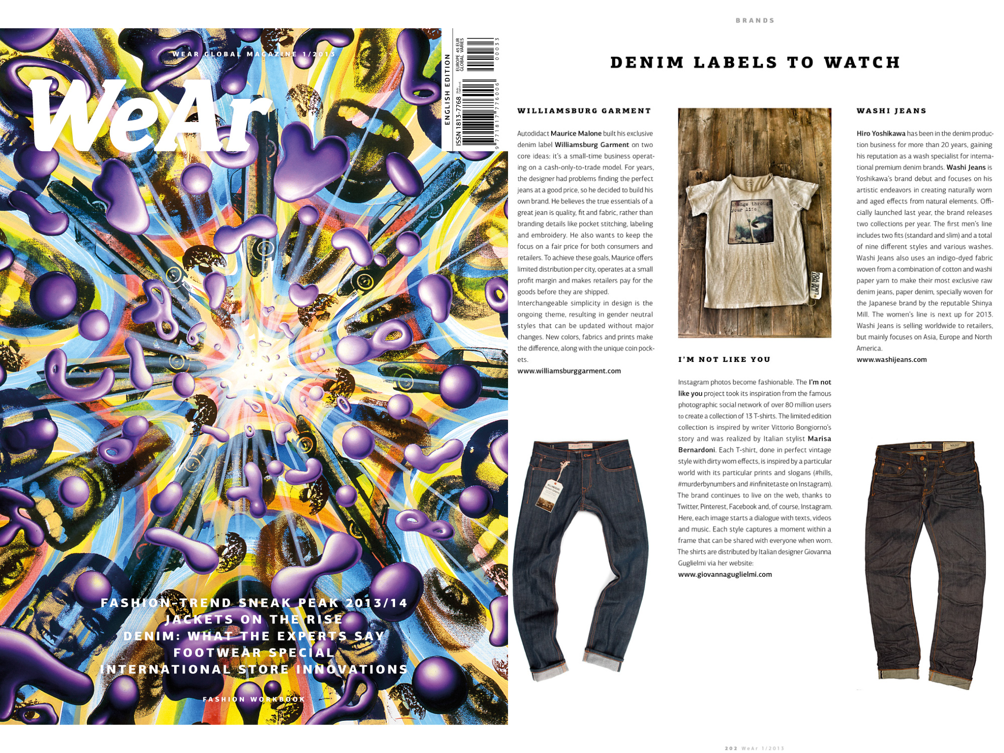 January 2013 issue of WeAr magazine with cover and article "Denim labels to watch" features Williamsburg Garment Company as one of the best new brands for 2013.