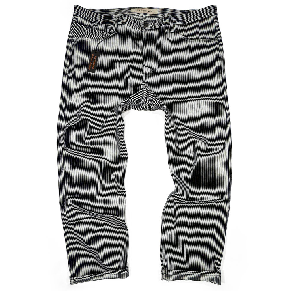 Front view of size 48 Big Men’s triple-stitch hickory stripe pants made in the USA by Williamsburg Garment Company, used to represent the link to the big men's fit guide.