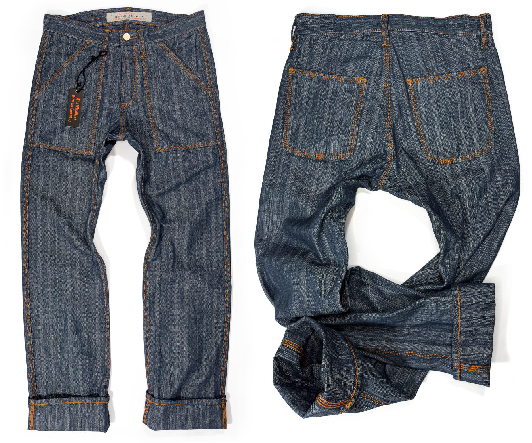 Front  & Rear Views of Williamsburg Garment Company’s Loose Straight Patch Pocket Work Jeans. American-made in Brooklyn using 11 oz. prewashed herringbone denim with burnt orange Tex 120 stitching. Features wide front patch pockets and a relaxed Stagg Street cut.