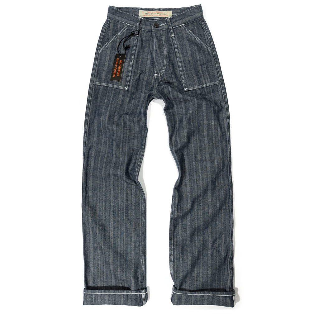 Front view of women’s patch pocket work jeans made in the USA with white triple-stitching, featuring curved rear pockets and a loose flare leg in herringbone denim, used to represent the Williamsburg Garment Company's women's fit guide.