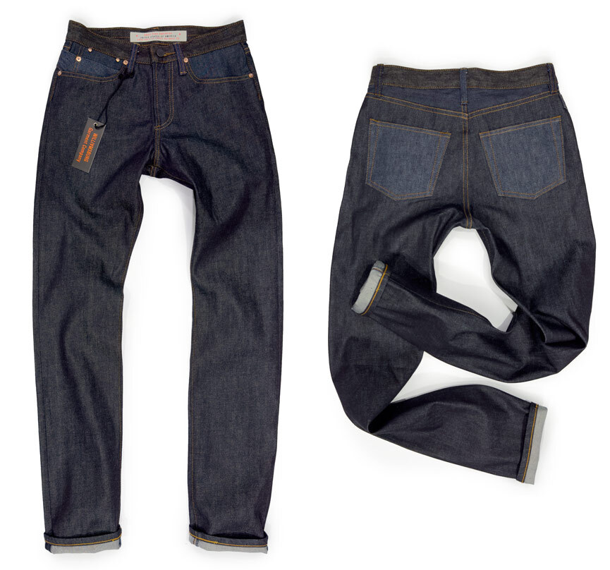 This fit guide image for the Driggs Avenue women's slim straight jeans showcases both the front and rear views of the contrast panel jeans, which are handmade in Greenpoint, Brooklyn, New York, by Williamsburg Garment Company.