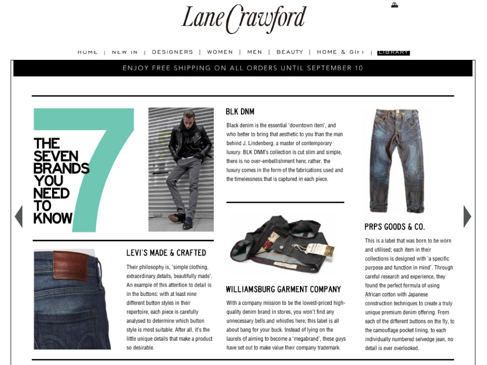 Hong Kong, China department store retailer Lane Crawford post "7 Brands You Should Know" featuring Williamsburg Garment Co.