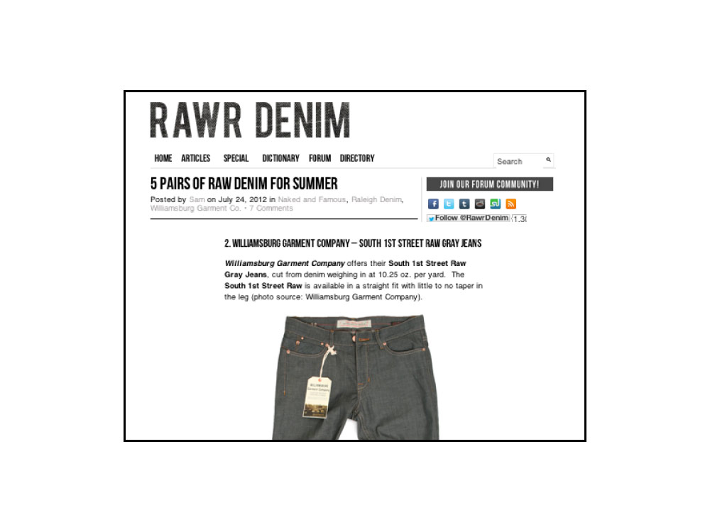 Rawr Denim magazine (Did you mean: raw denim magazine (Heddels.com) 2012 review of Williamsburg Garment Co. jeans