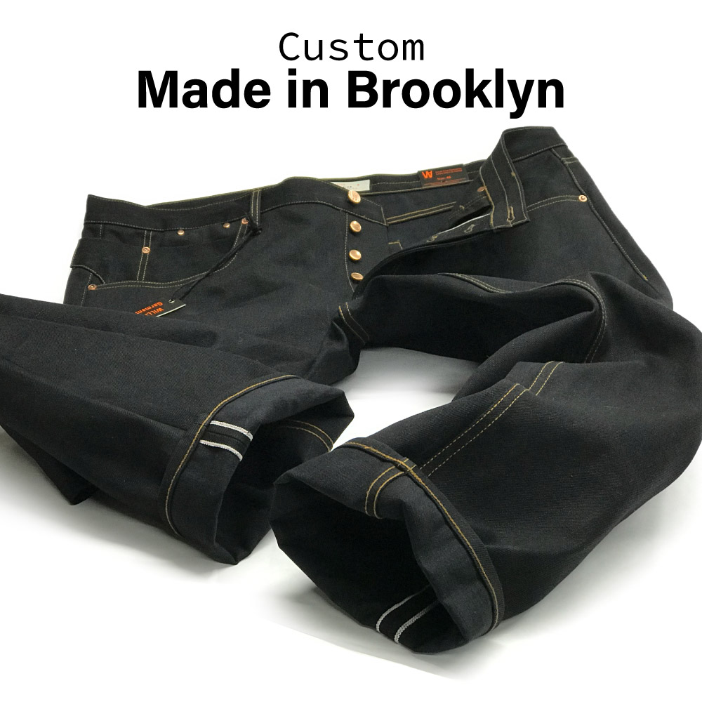 Big men's size 46 custom made jeans in 15oz. black Japanese selvedge denim.