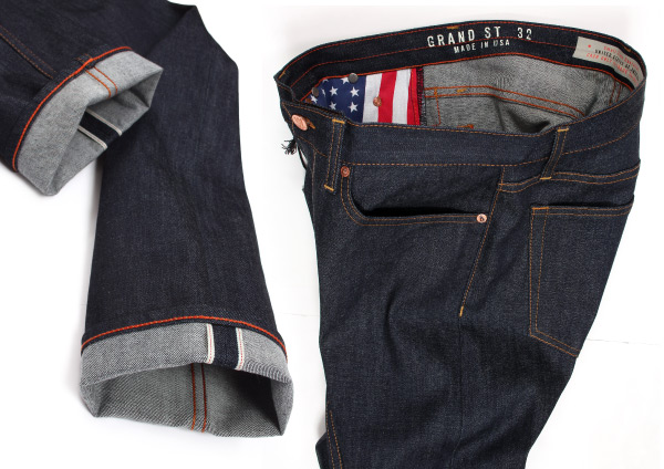 Grand St. men's slim size 32 stretch selvedge denim raw jeans made in USA by Williamsburg Garment Co.