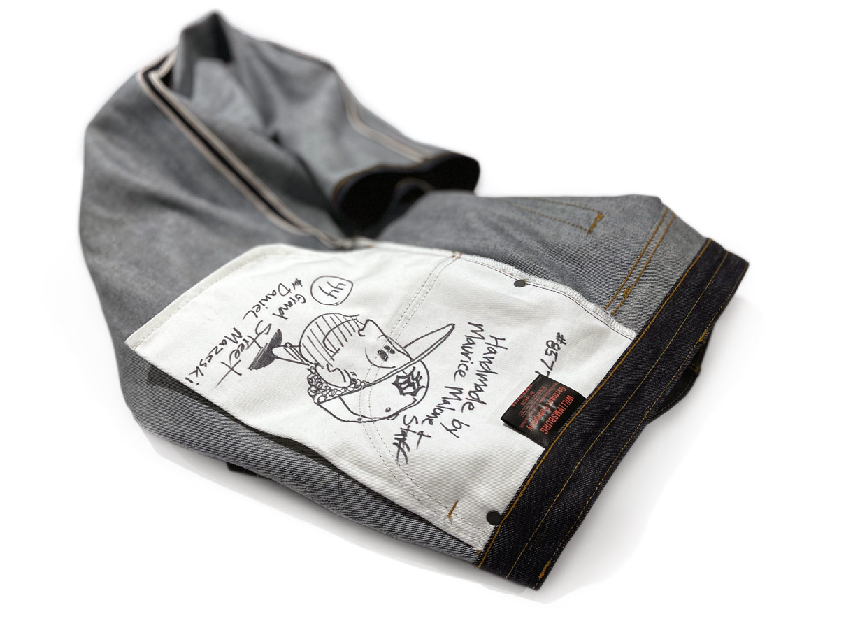 American custom jeans made in New York City by hand, with autographed pocket bags, signed by denim designer Maurice Malone