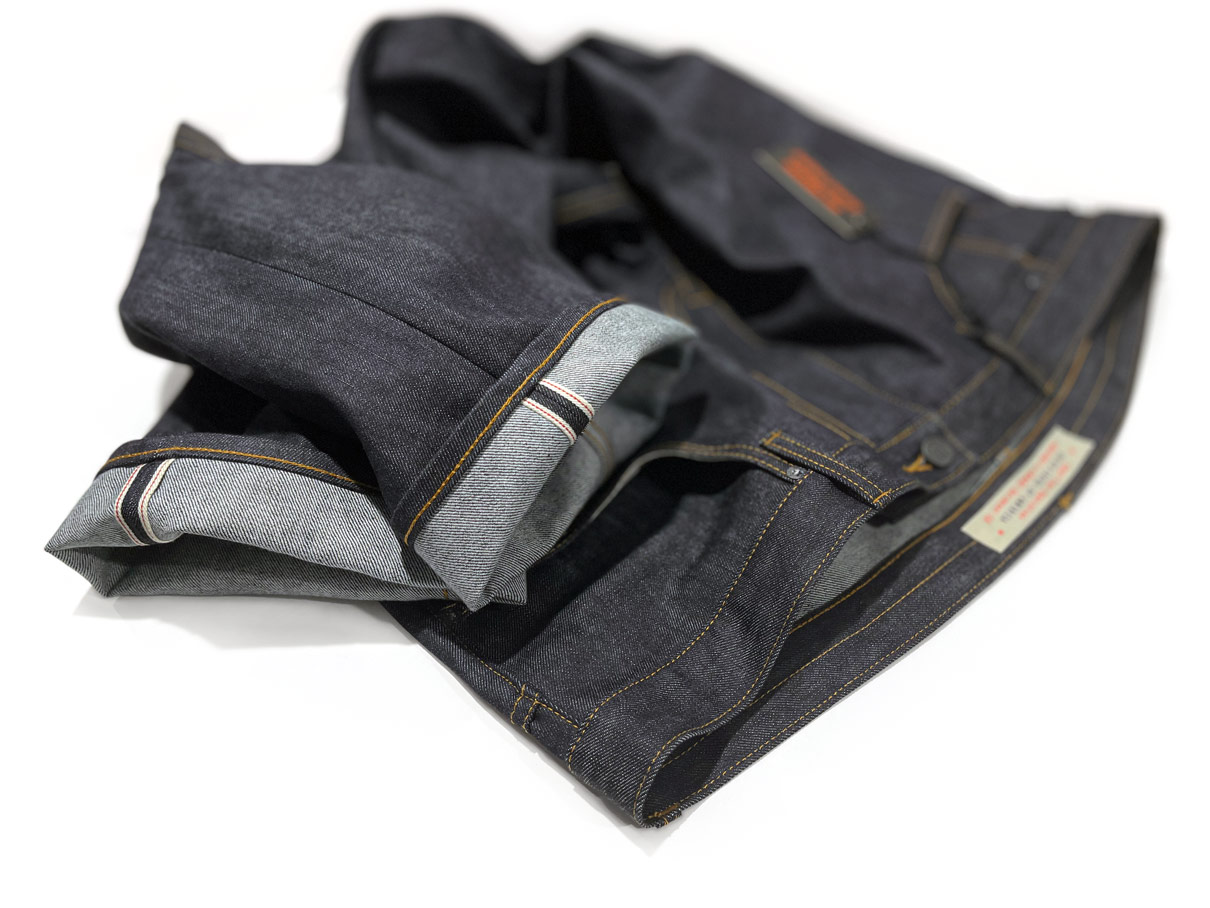 An example of our work: Big men's waist size 44 custom jeans handmade in 12oz. Japanese selvedge stretch raw denim.