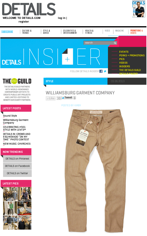 The Details insider blog covers our tan denim jeans for men.