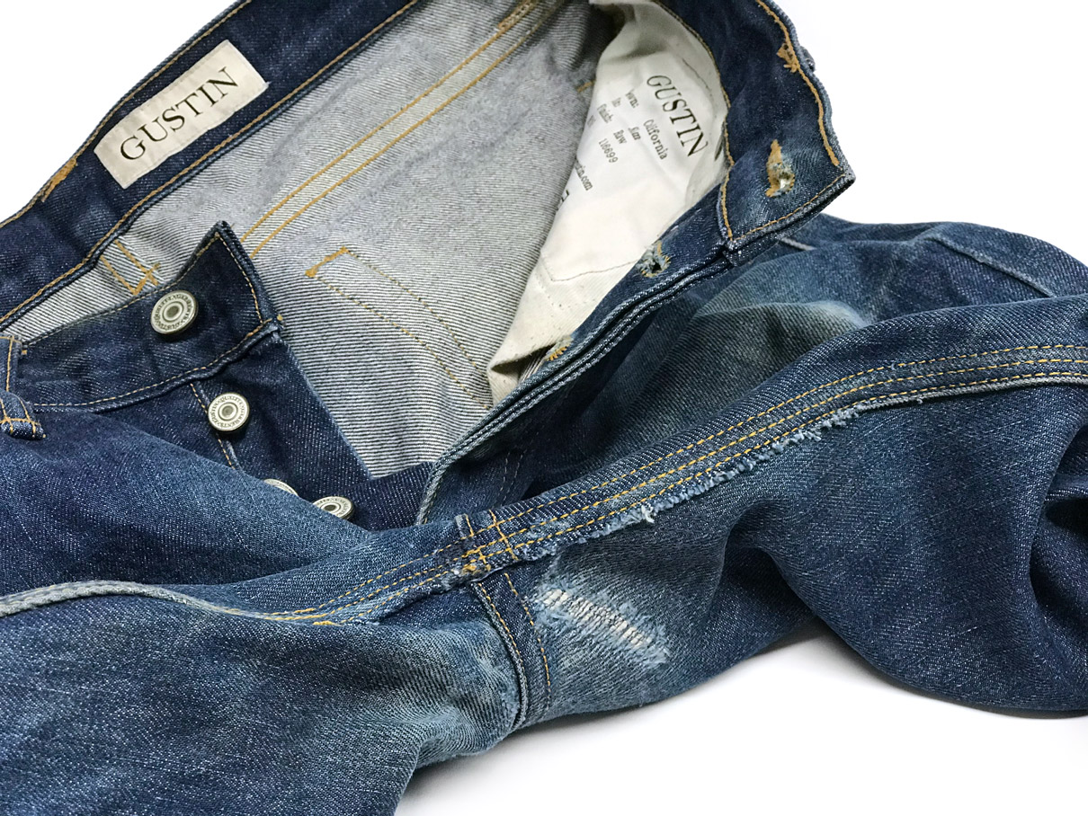 Close-up of 3-stitch tapering at inseam & crotch blow-out repairs on Gustin jeans